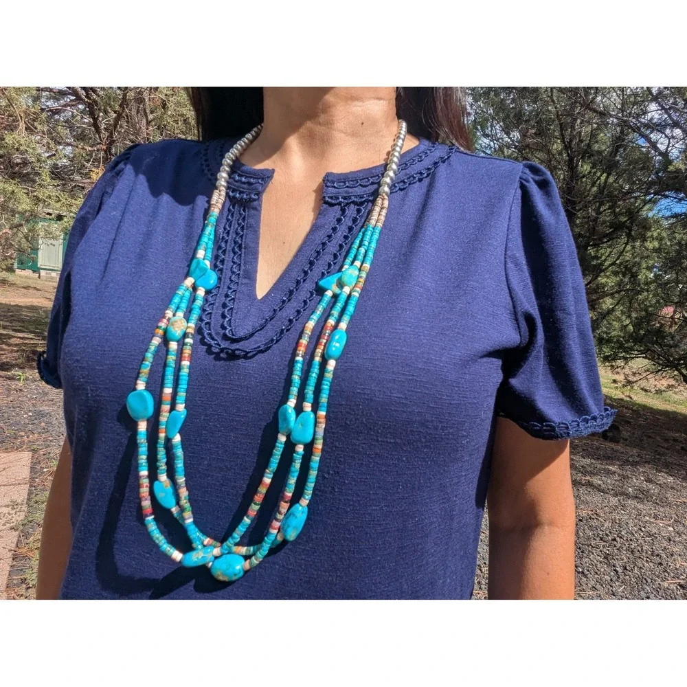 Vintage‎ Navajo Handmade Turquoise Necklace Silver Plated Beads